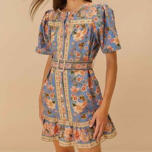 Farm Rio Blue Superbloom Tapestry Cotton Dress , size XS, NWT